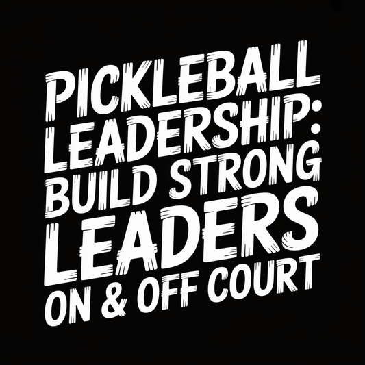 Graphic with text 'Pickleball Leadership: Build Strong Leaders On & Off Court' emphasizing pickleball guidance.