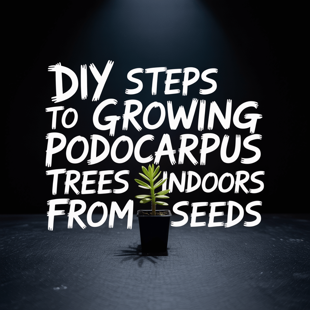 Text overlay on image promoting DIY steps for growing Podocarpus trees indoors from seeds with a green plant.