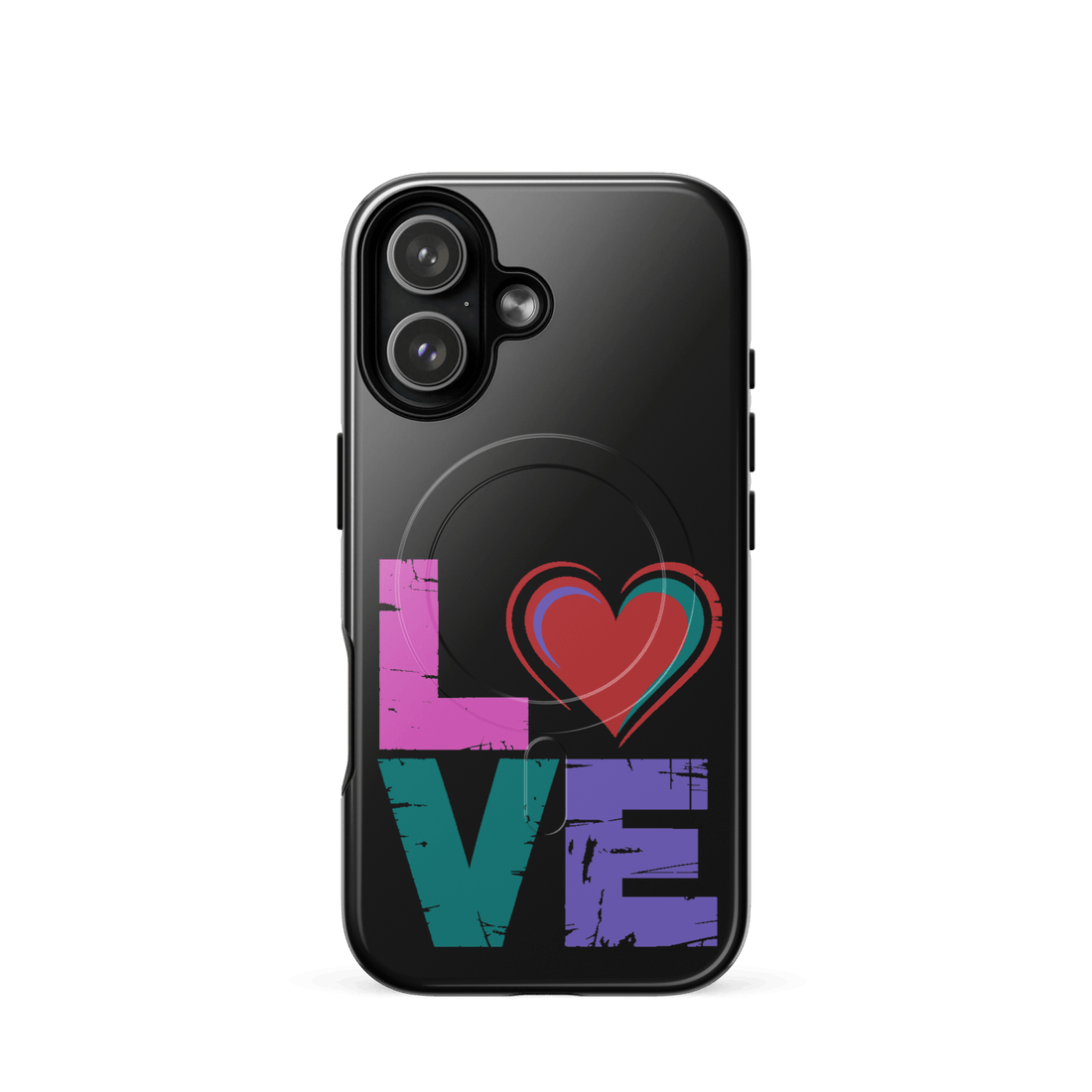 iPhone 17 case featuring colorful "LOVE" design with hearts, essential accessory for your device.