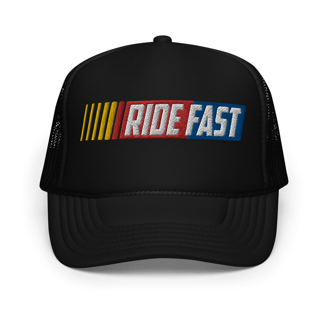 Black trucker hat with colorful "Ride Fast" embroidery on the front.