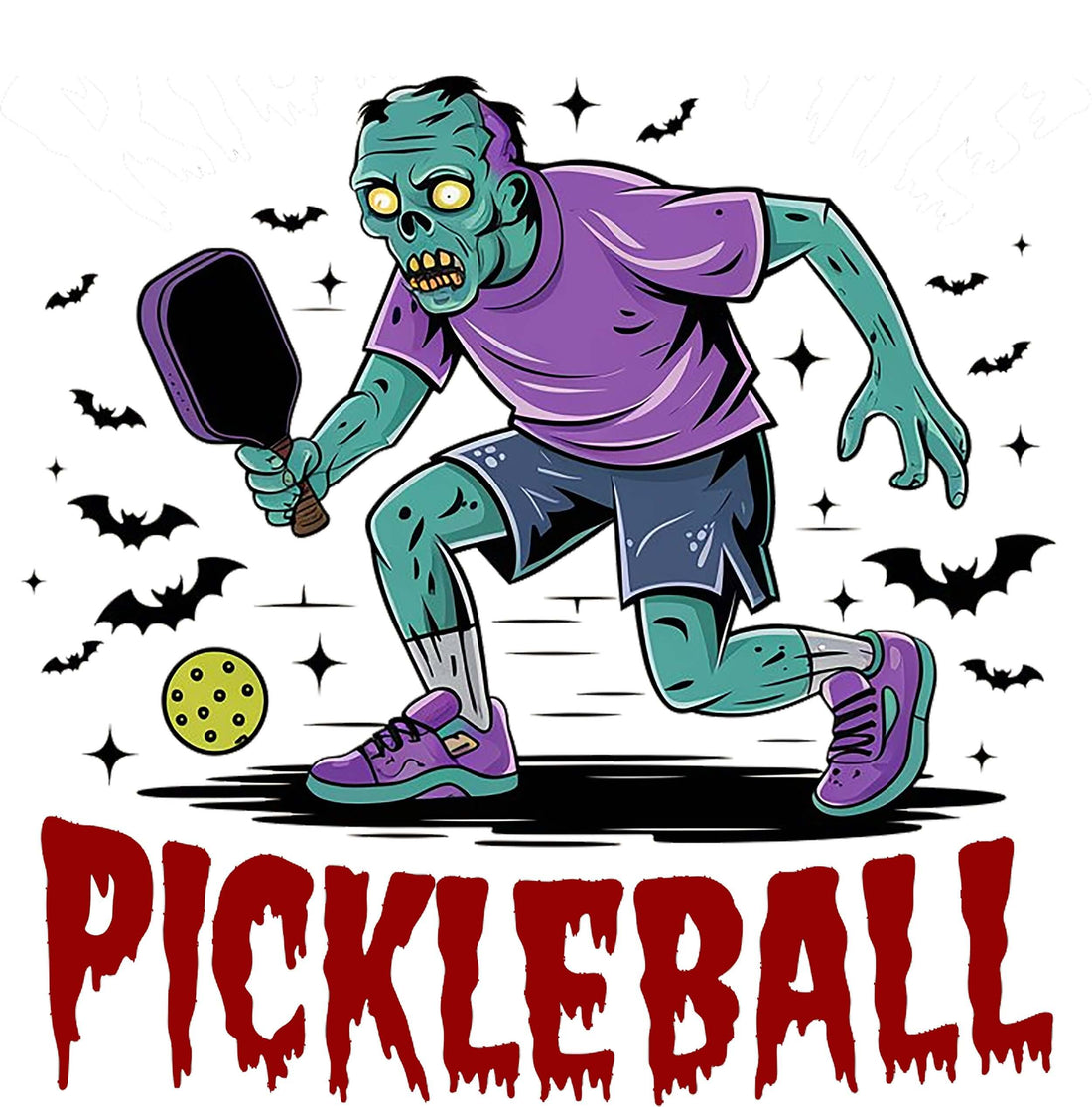 Zombie playing pickleball with paddle and ball, surrounded by bats, Halloween-themed illustration.