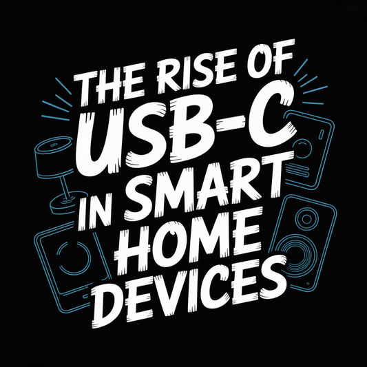 Text graphic highlighting the rise of USB-C in smart home devices, with illustrations of smart gadgets.