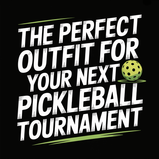 Text graphic featuring 'The Perfect Outfit for Your Next Pickleball Tournament' with a green pickleball.