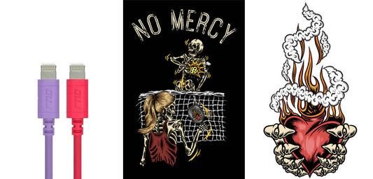 "Valentine's Day gift ideas: colorful cables with lightning connectors, pickleball skeleton t-shirt, flaming heart artwork."