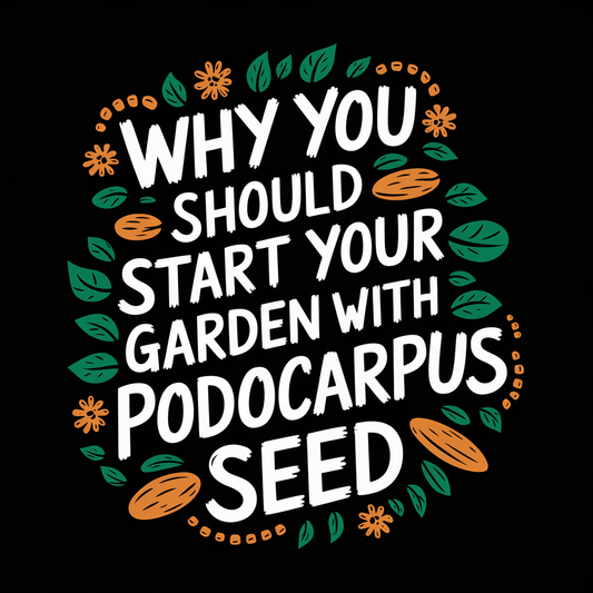 Text design promoting gardening with Podocarpus seeds surrounded by leaves and flowers on a dark background.