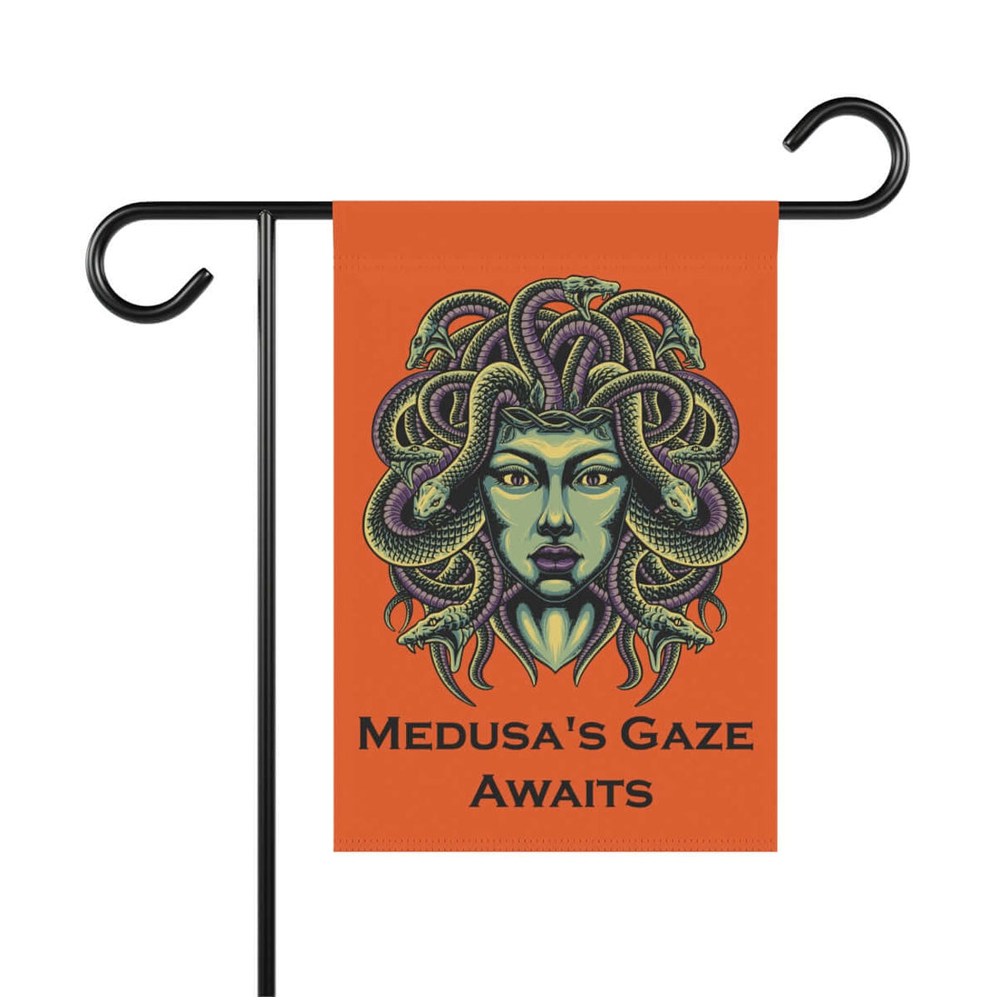 Medusa Halloween decor featuring a flag with Medusa's gaze and snakes, perfect for chilling home decoration.