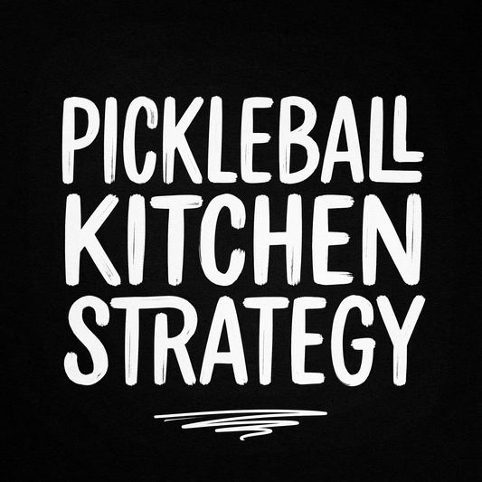 Pickleball Kitchen Strategy text on black background, highlighting winning pickleball techniques.
