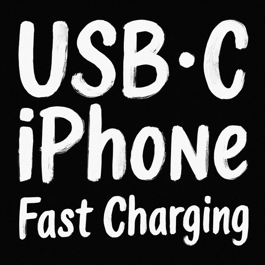 USB-C iPhone fast charging text illustration in white on black background.
