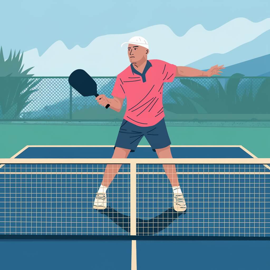 Player demonstrating advanced pickleball technique on a court with mountains in the background.