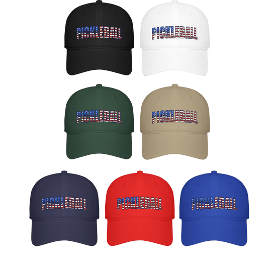 Pickleball American Flag Series low profile baseball caps in various colors showcasing patriotic designs.