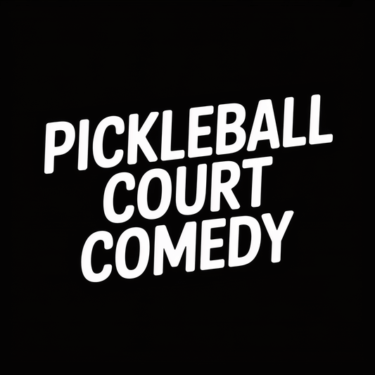 Text graphic displaying 'Pickleball Court Comedy' highlighting humorous moments on the pickleball court.