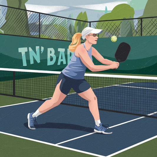 woman playing pickleball with a paddle on a court, focusing on her swing and ball approaching