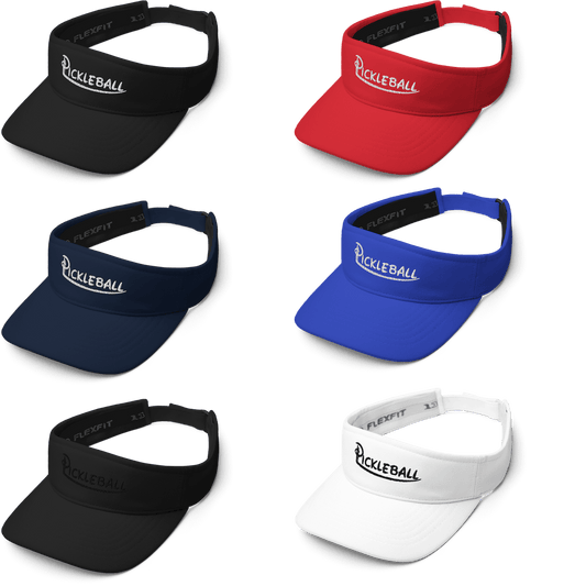 Pickleball embroidered adjustable visors in black, red, navy, royal blue, and white colors for enhanced pickleball game performance.