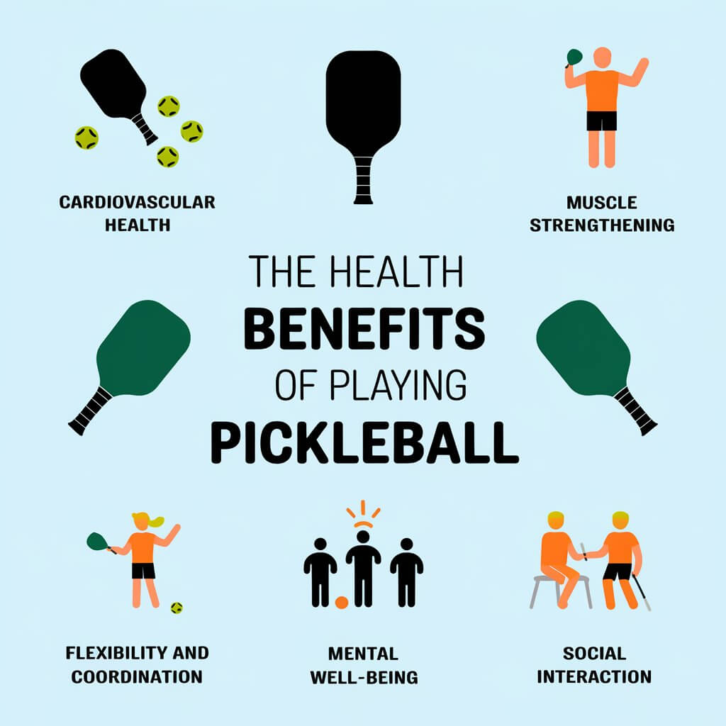 Infographic illustrating the health benefits of playing pickleball, including cardiovascular health, muscle strengthening, and more.