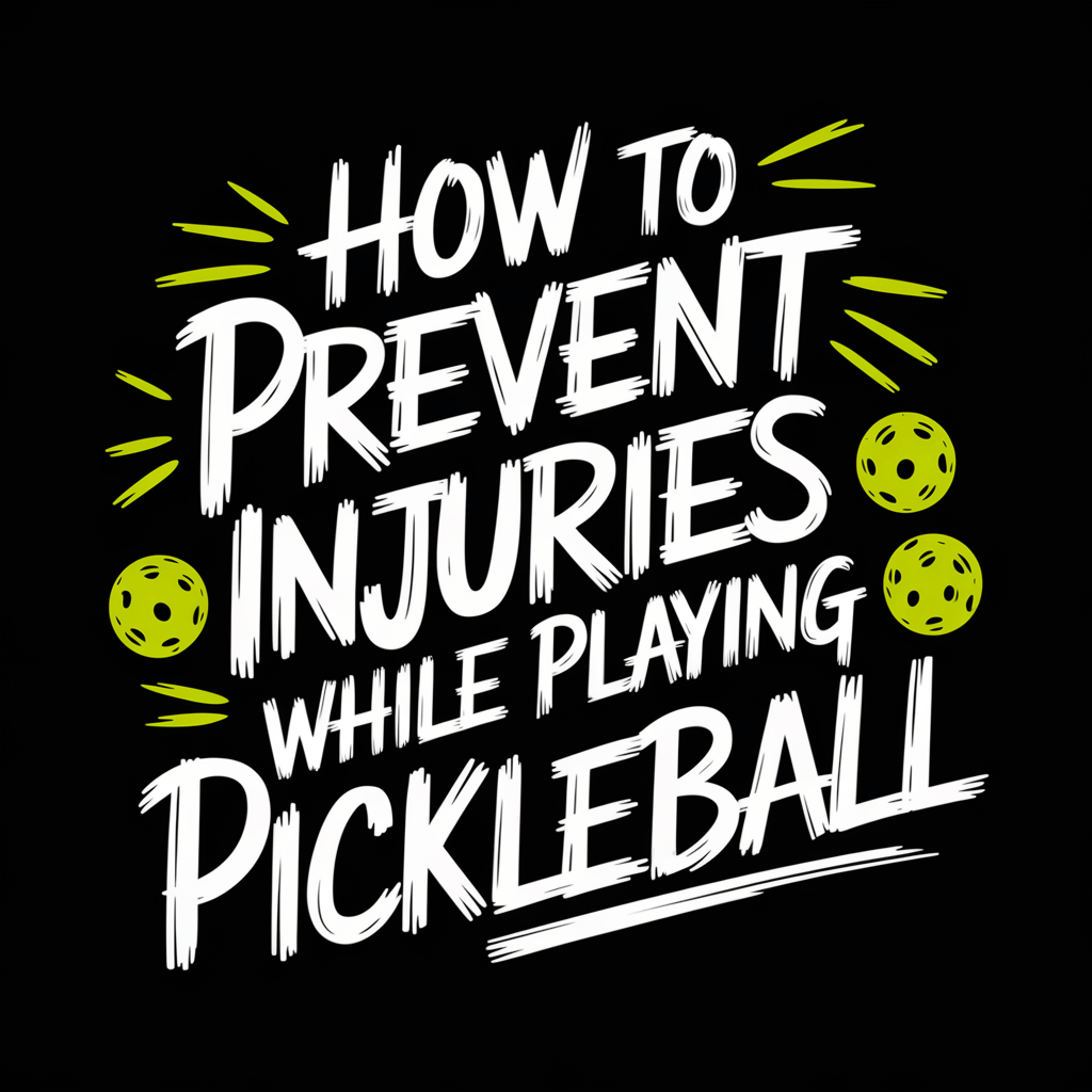 Text on a black background: 'How to Prevent Injuries While Playing Pickleball' with graphic pickleballs.