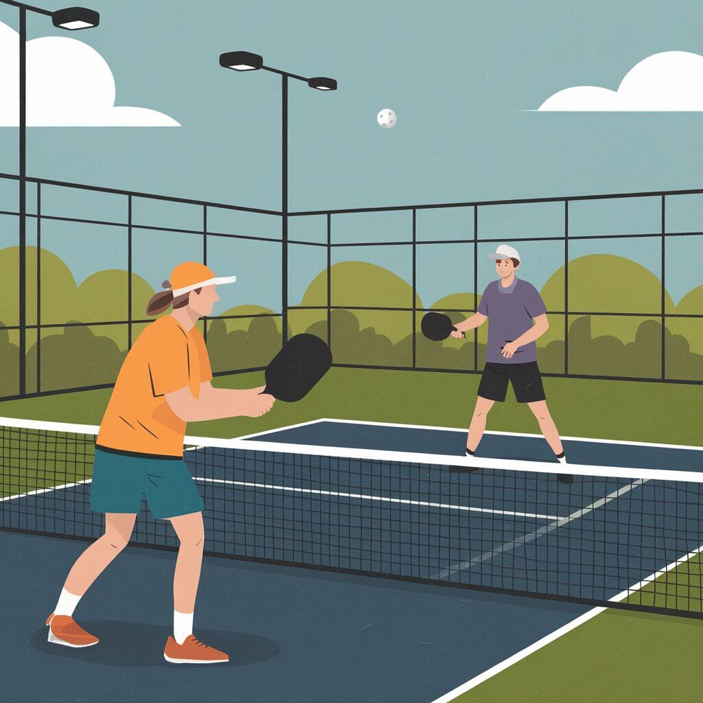 two players enjoying a game of pickleball on an outdoor court with a blue sky and green landscape in the background.