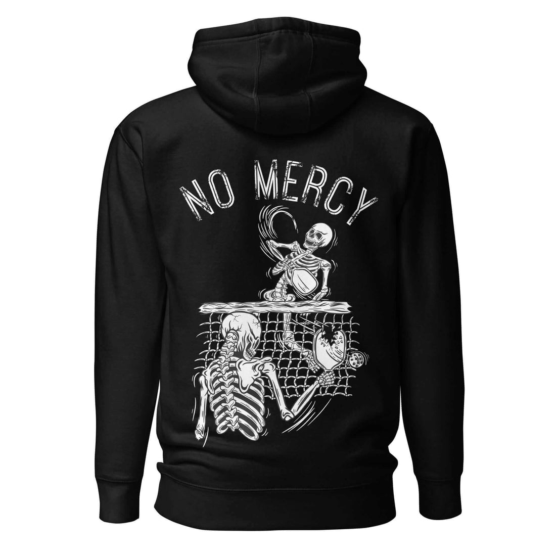 Black hoodie featuring a skeleton pickleball graphic with 'No Mercy' text on the back, perfect for pickleball enthusiasts.
