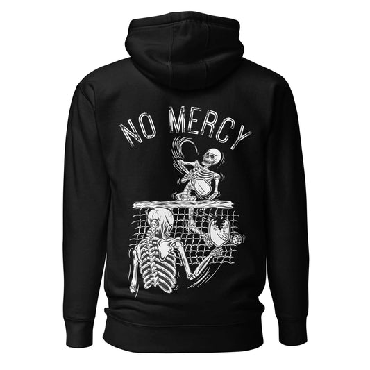 Black hoodie featuring a skeleton pickleball graphic with 'No Mercy' text on the back, perfect for pickleball enthusiasts.
