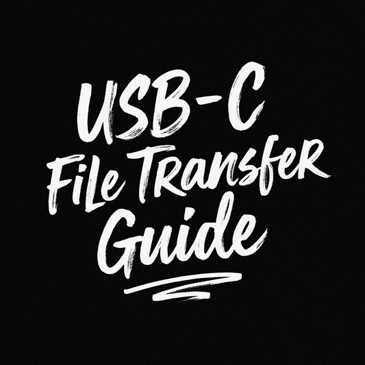 Text graphic displaying 'USB-C File Transfer Guide' in stylized white font on black background