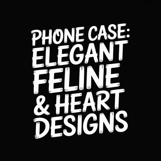 Phone case with elegant feline and heart designs text, black background.