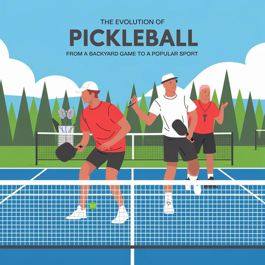 Illustration of pickleball players demonstrating the sport's evolution from a backyard game to a popular activity.