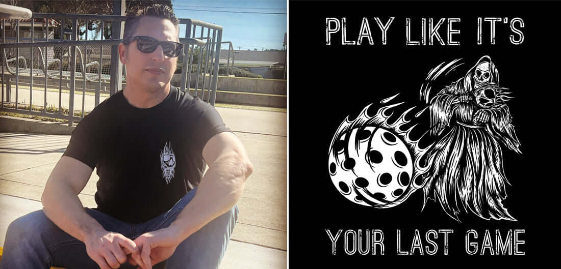 Man wearing sunglasses with "Play Like It's Your Last Game" pickleball design on shirt, featuring a flaming pickleball and reaper.
