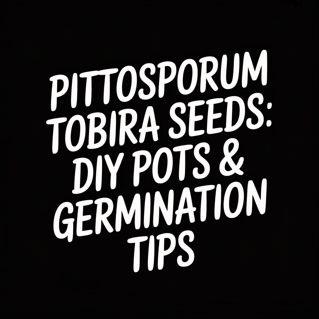 Text graphic with title 'Pittosporum Tobira Seeds: DIY Pots & Germination Tips' on black background.