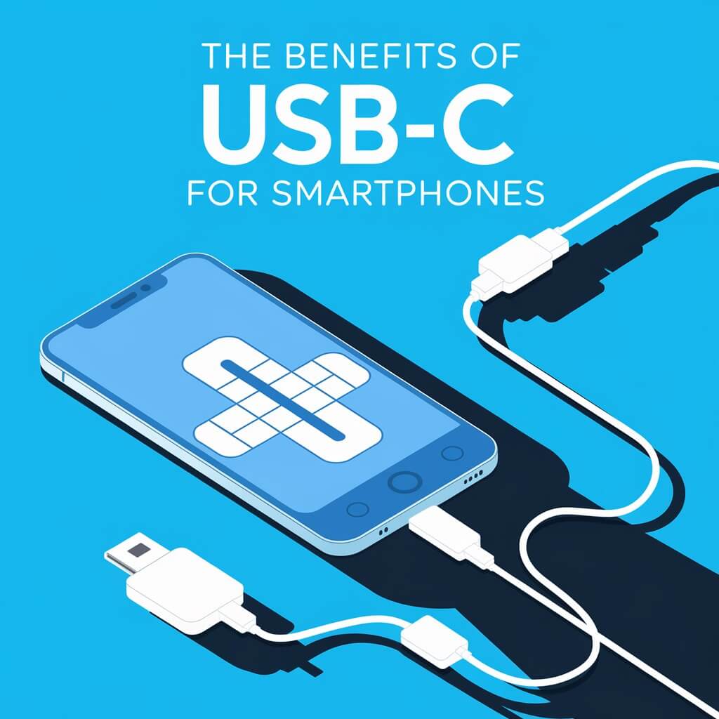 Illustration of a smartphone with USB-C connectors, highlighting the benefits of USB-C for mobile devices.
