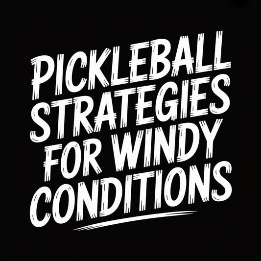 Pickleball strategies for windy conditions graphic with bold white text on a black background.