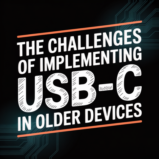 Text graphic titled 'The Challenges of Implementing USB-C in Older Devices' on a dark circuit background.