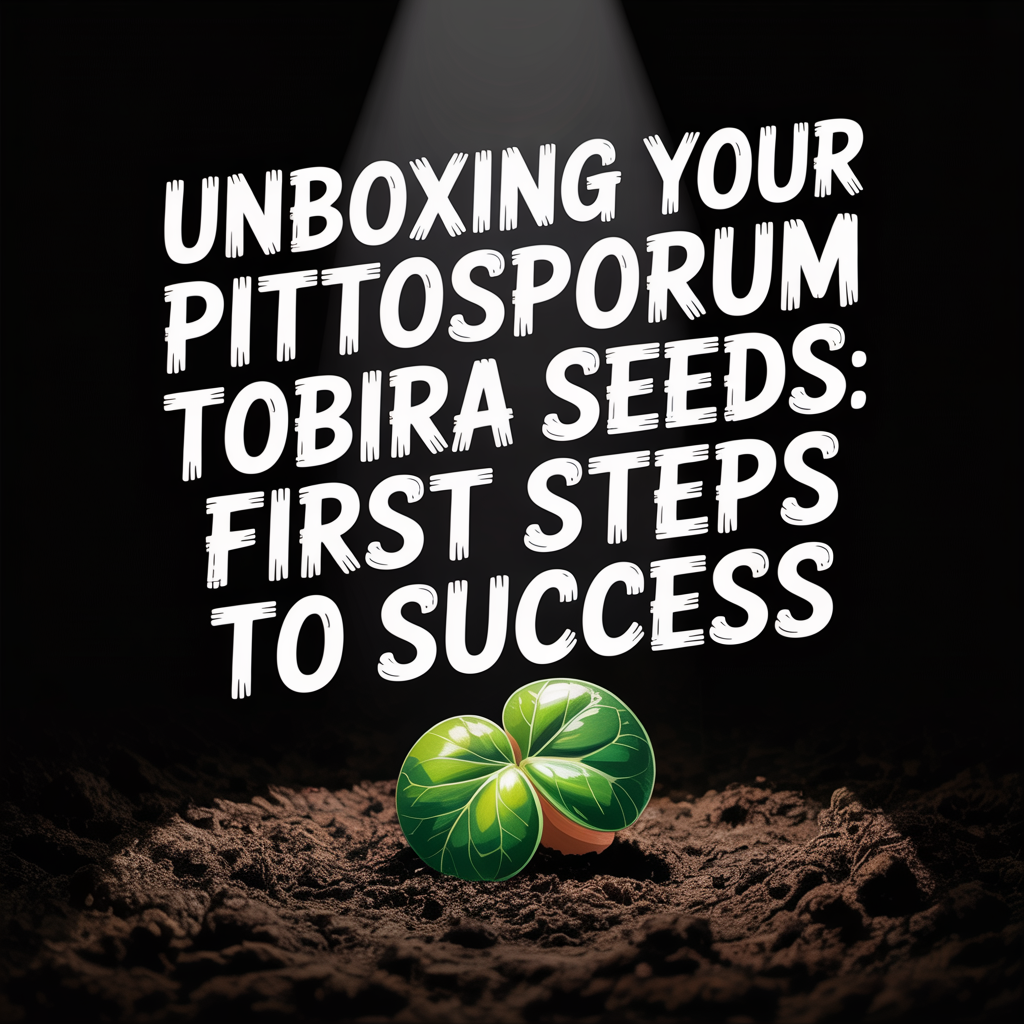 Unboxing your Pittosporum Tobira Seeds with a growing seedling in soil under spotlight.
