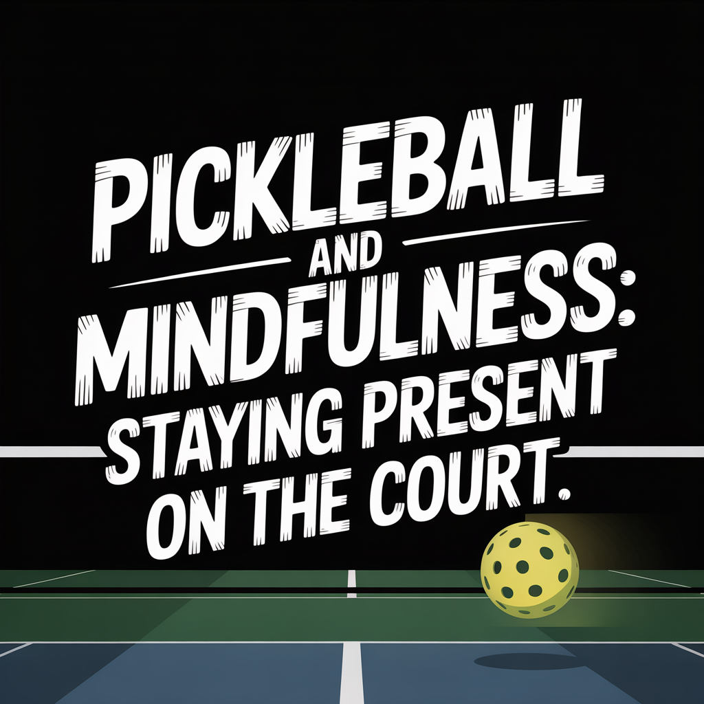 Text graphic: 'Pickleball and Mindfulness: Staying Present on the Court' with a pickleball on the court.