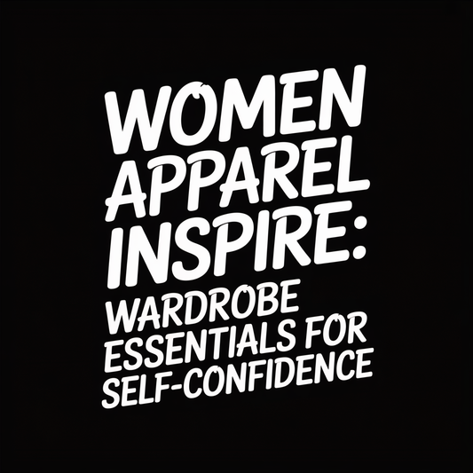 Text graphic featuring 'Women Apparel Inspire: Wardrobe Essentials for Self-Confidence' on a black background.