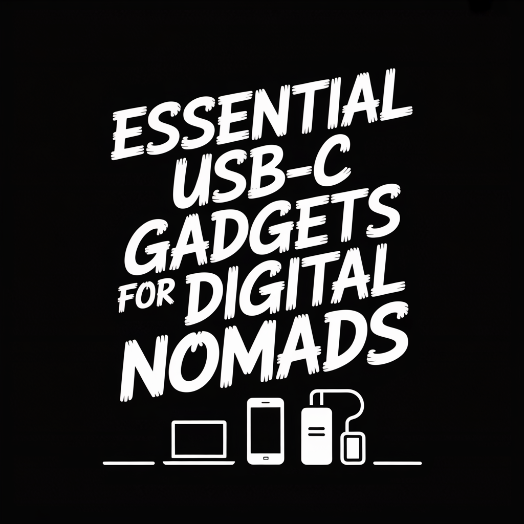 Text graphic for "Essential USB-C Gadgets for Digital Nomads" with device illustrations.