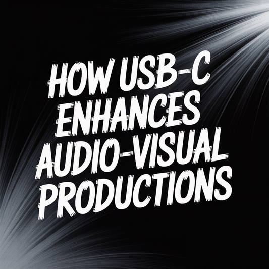 Text graphic stating 'How USB-C Enhances Audio-Visual Productions' against a dynamic black background.