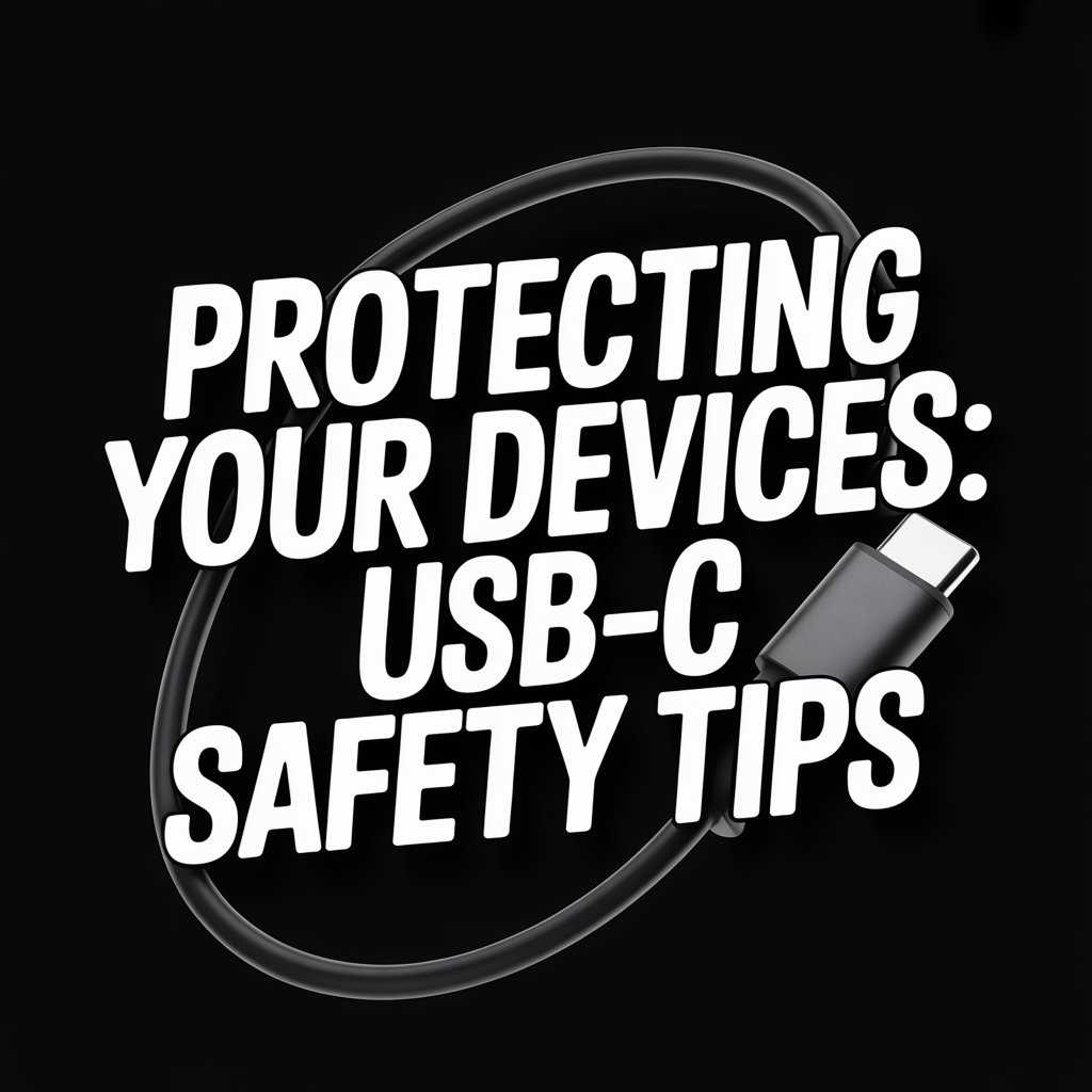 Protecting Your Devices: USB-C Safety Tips with USB-C cable on a black background.