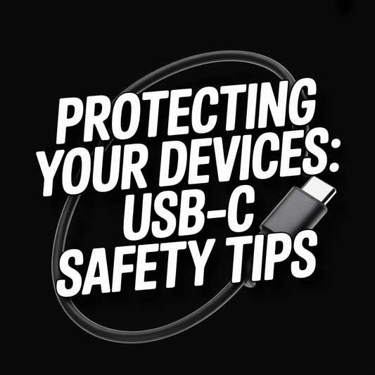 Protecting Your Devices: USB-C Safety Tips with USB-C cable on a black background.
