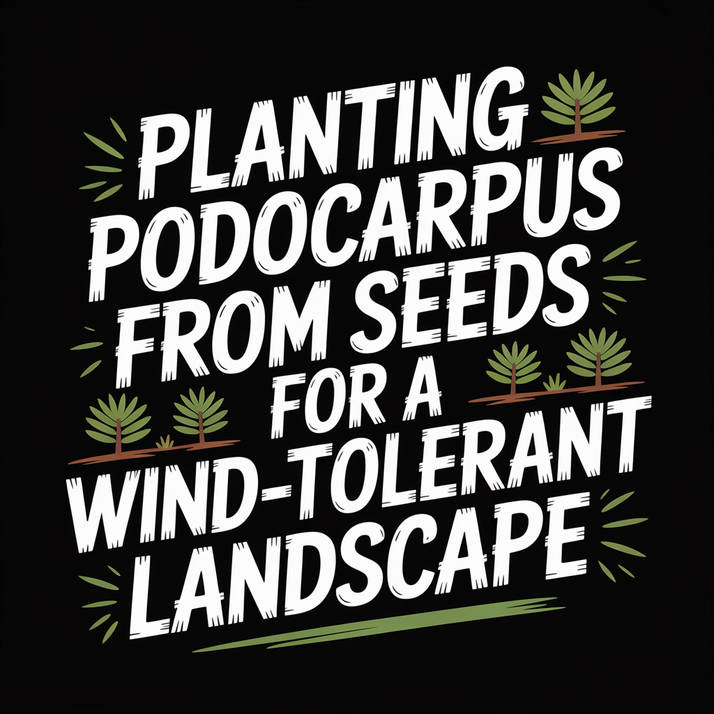 Text graphic: Planting Podocarpus from seeds for a wind-tolerant landscape with plant illustrations.
