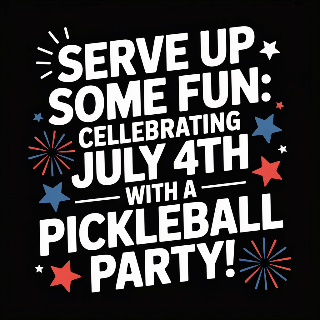 Text graphic celebrating July 4th with a pickleball party, featuring fun colors and festive elements.