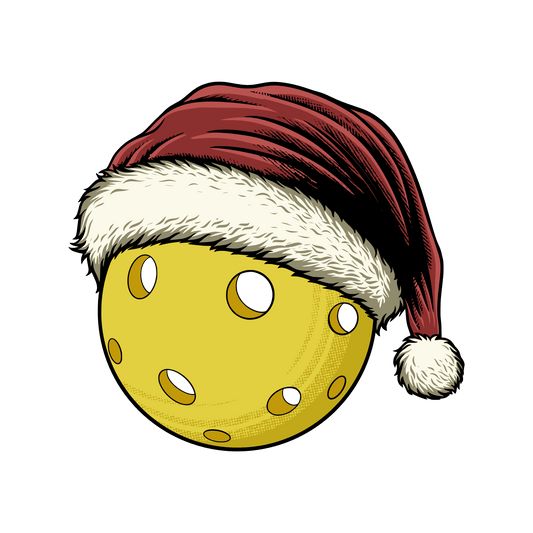 Pickleball wearing a Santa hat, celebrating the holiday season.
