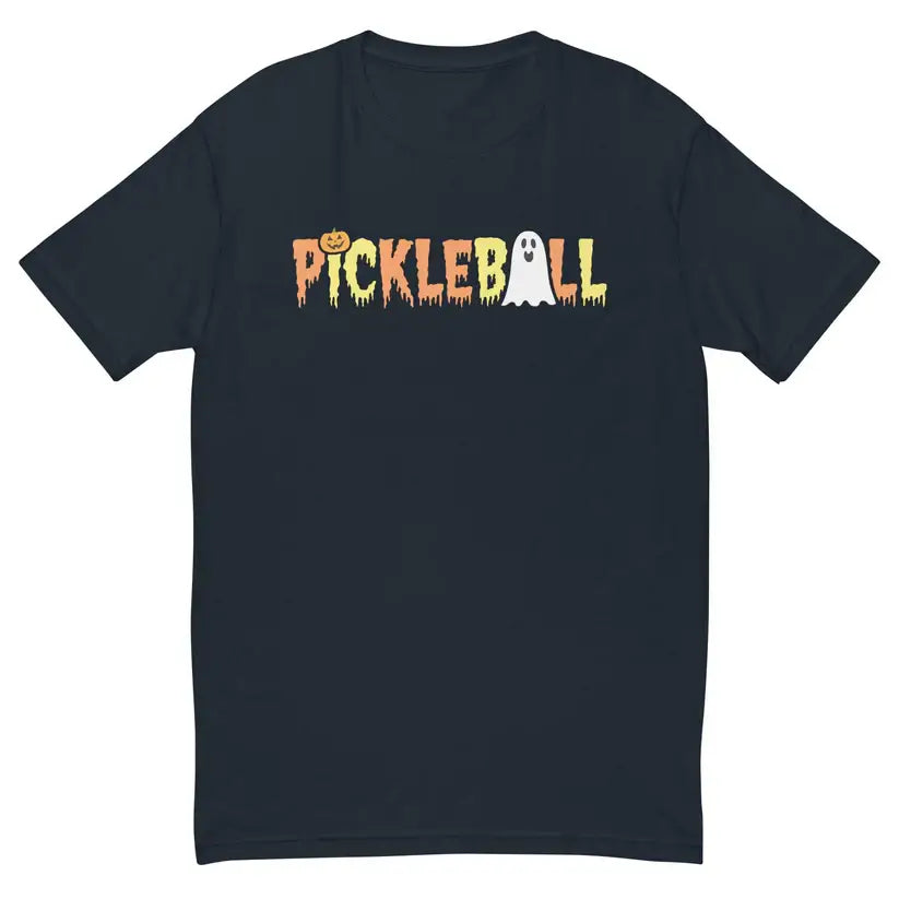Black Halloween pickleball t-shirt with ghost and pumpkin design, perfect for spooky sports enthusiasts.