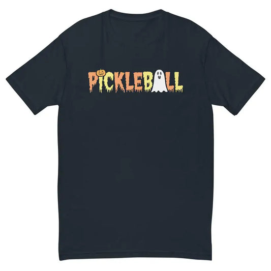Black Halloween pickleball t-shirt with ghost and pumpkin design, perfect for spooky sports enthusiasts.