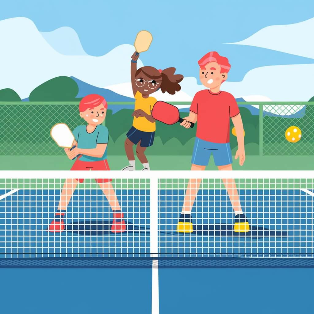 Three children playing pickleball on an outdoor court, showcasing teamwork and fun in a vibrant setting.