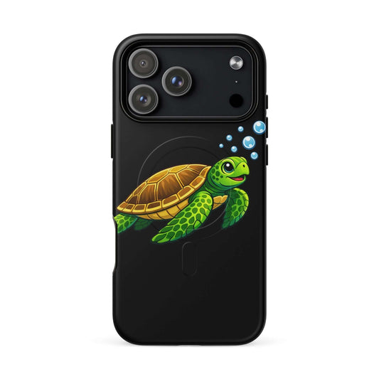Colorful turtle design on a black phone case, perfect for ensuring wireless charging functionality.
