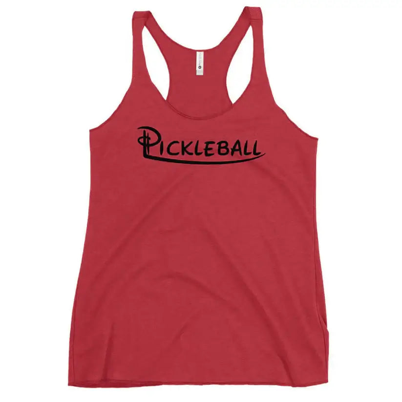 Red women's racerback tank top with "Pickleball" printed in bold black lettering. Perfect for active wear and pickleball fans.