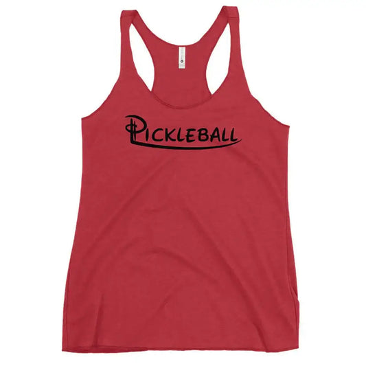 Red women's racerback tank top with "Pickleball" printed in bold black lettering. Perfect for active wear and pickleball fans.