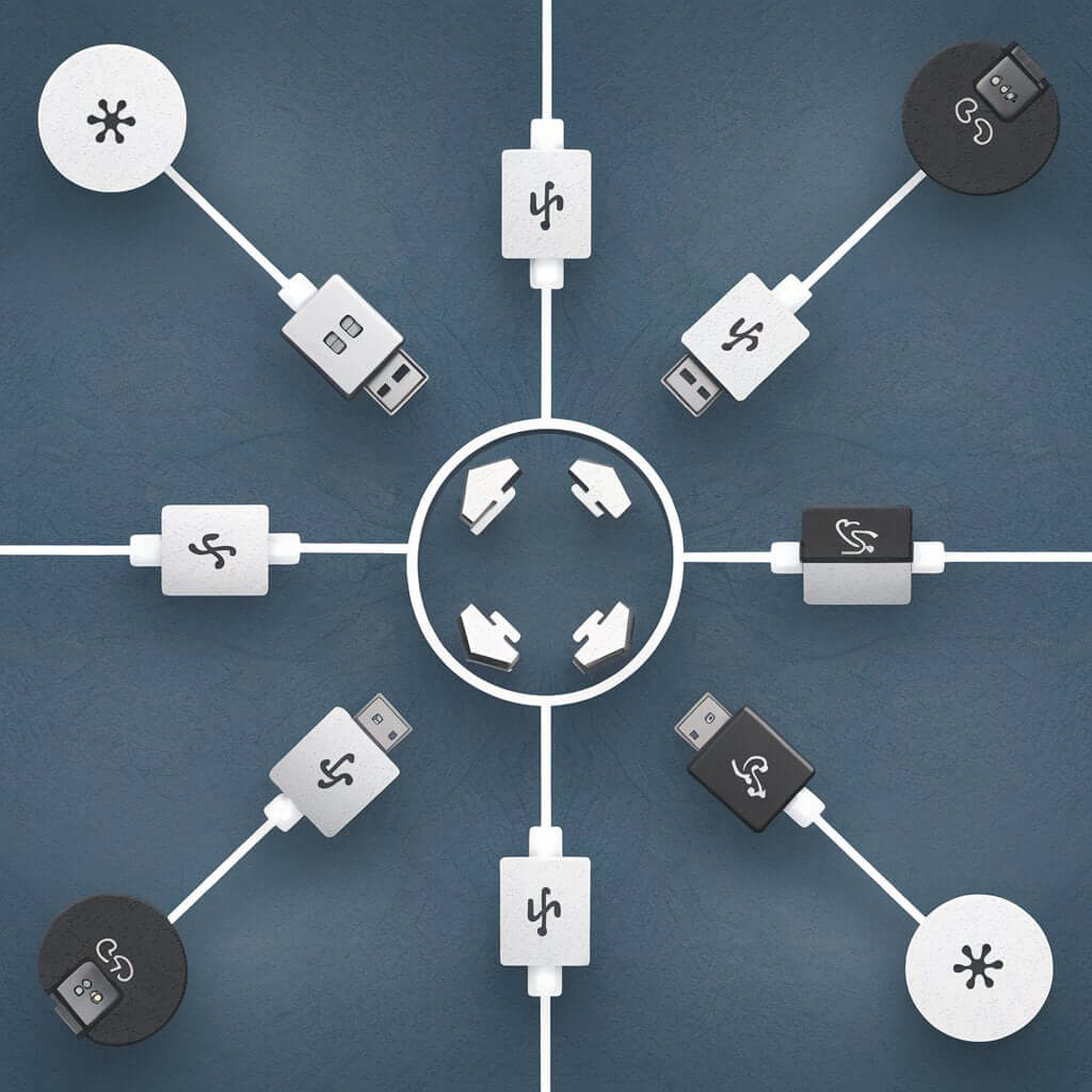 Various USB-C connectors and cables arranged in a circular pattern on a textured blue background.