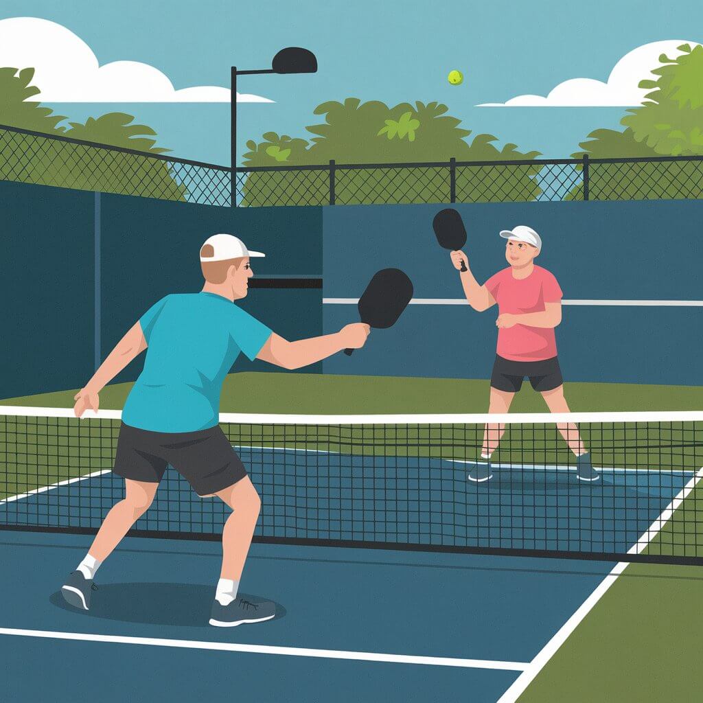 Two players engaging in a friendly pickleball match on an outdoor court with a bright blue sky and green surroundings.