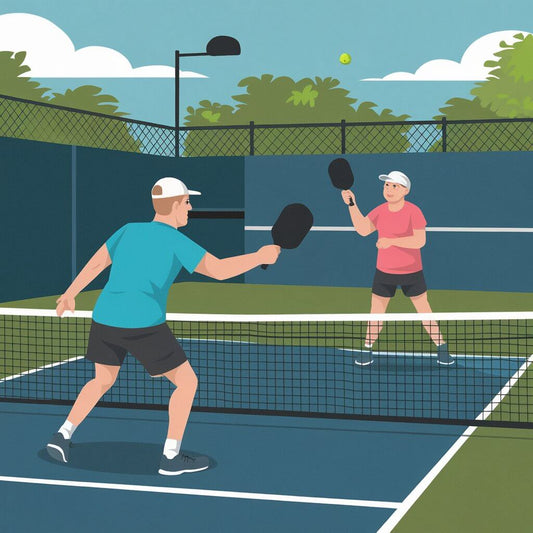 Two players engaging in a friendly pickleball match on an outdoor court with a bright blue sky and green surroundings.