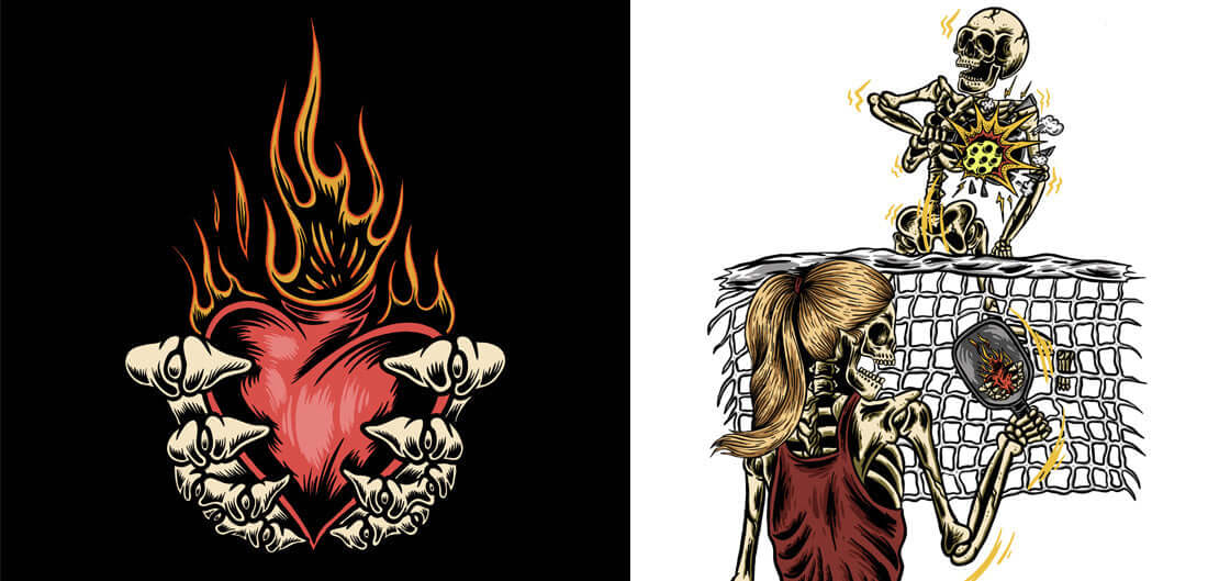 Play with Fire 'No Mercy' Mixed Doubles T-Shirt design featuring a flaming heart and skeletons playing Pickleball.